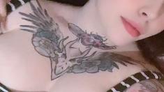 Busty curly brunette with big boobs fucks on couch