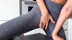 Girl humping table until leggings full of squirts