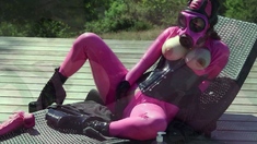 Cristal Kinky In Pink Rubber Gasmask Playing With Pink