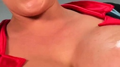 Blonde with big boobs fucked from behind before tit wanking
