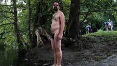 Skinny-dip in public, getting caught naked, cum outdoors