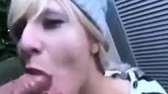 Public deepthroat and walk with cum on face biiitch